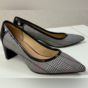 Abella Black & White Plaid Pointed Toe Block Heel Pumps